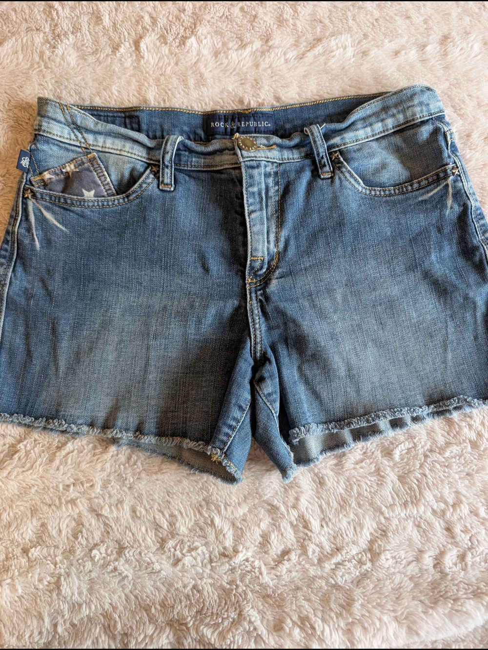 Rock & Republic Blue Distressed Denim Cutoff Shorts American flag pockets
